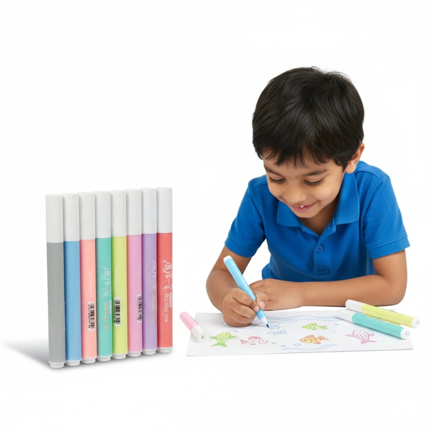 Child drawing with colorful markers on a white background