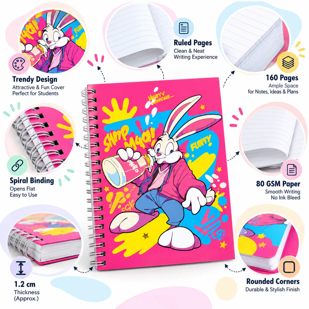 A spiral-bound notebook with a bright pink cover featuring a cartoon rabbit character and colorful abstract graphics, shown on a white background with circular callout overlays describing features like ruled pages, spiral binding, 160 pages, 80 GSM paper, and rounded corners.