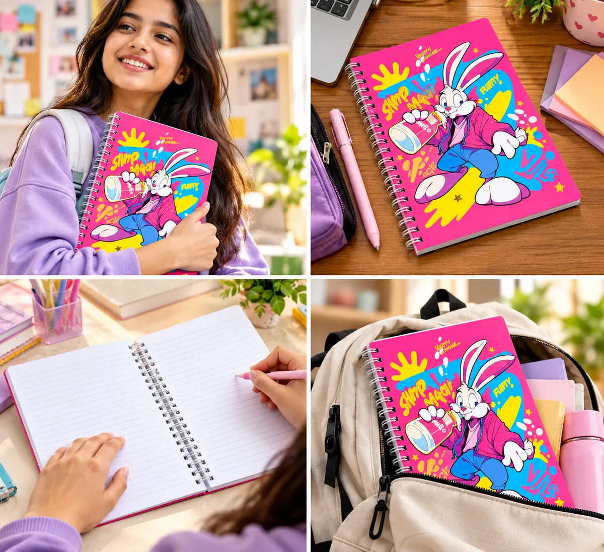 A collage showing a bright pink spiral notebook with a colorful cartoon rabbit cover in multiple lifestyle settings: a girl holding it, a close-up on a desk, an open lined notebook, and the notebook inside a backpack.