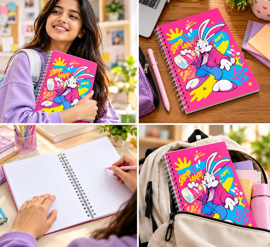 A collage showing a bright pink spiral notebook with a colorful cartoon rabbit cover in multiple lifestyle settings: a girl holding it, a close-up on a desk, an open lined notebook, and the notebook inside a backpack.