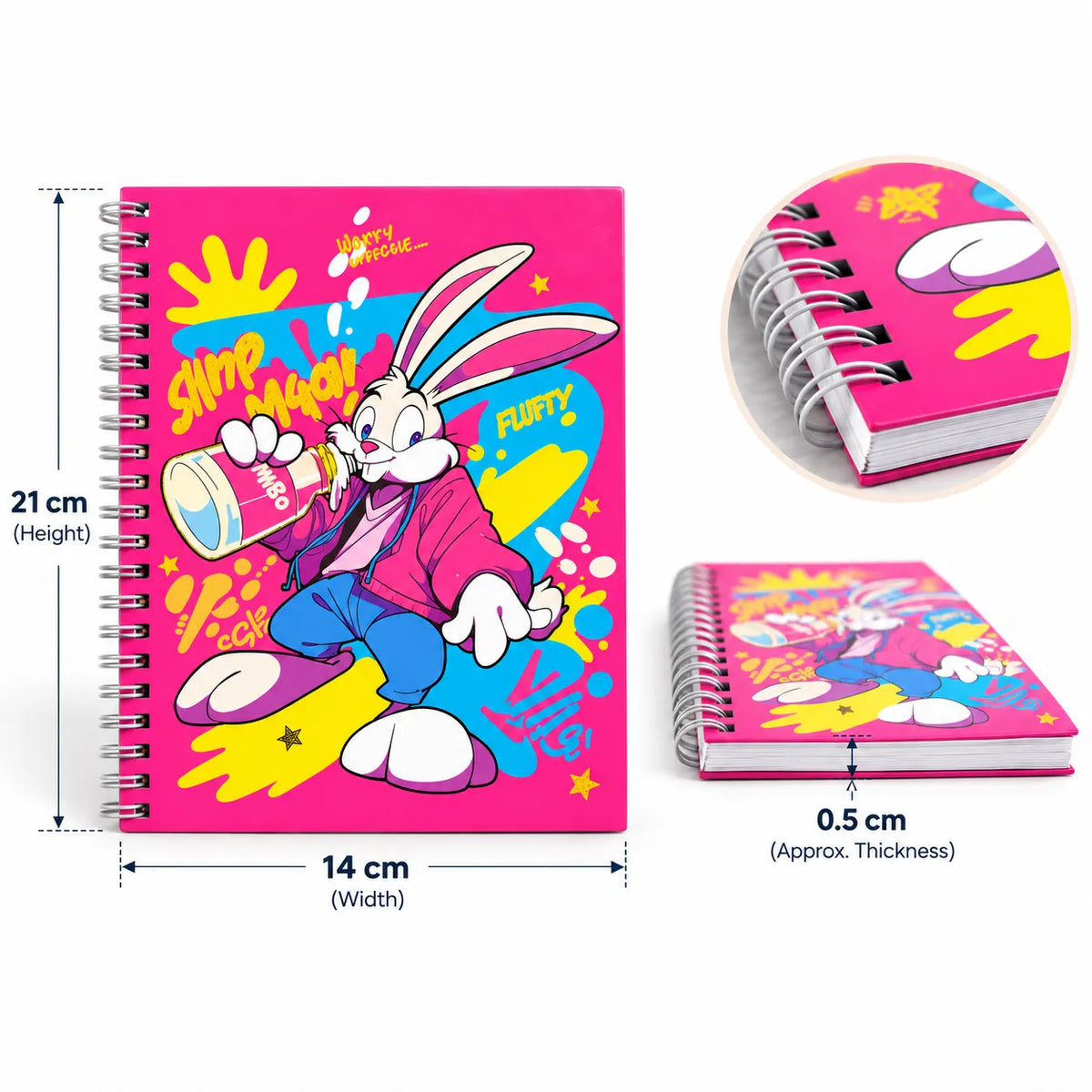A spiral-bound notebook with a bright pink cover featuring a cartoon rabbit character and colorful graffiti-style graphics. The image includes dimension labels showing the notebook is about 21 cm tall, 14 cm wide, and 0.