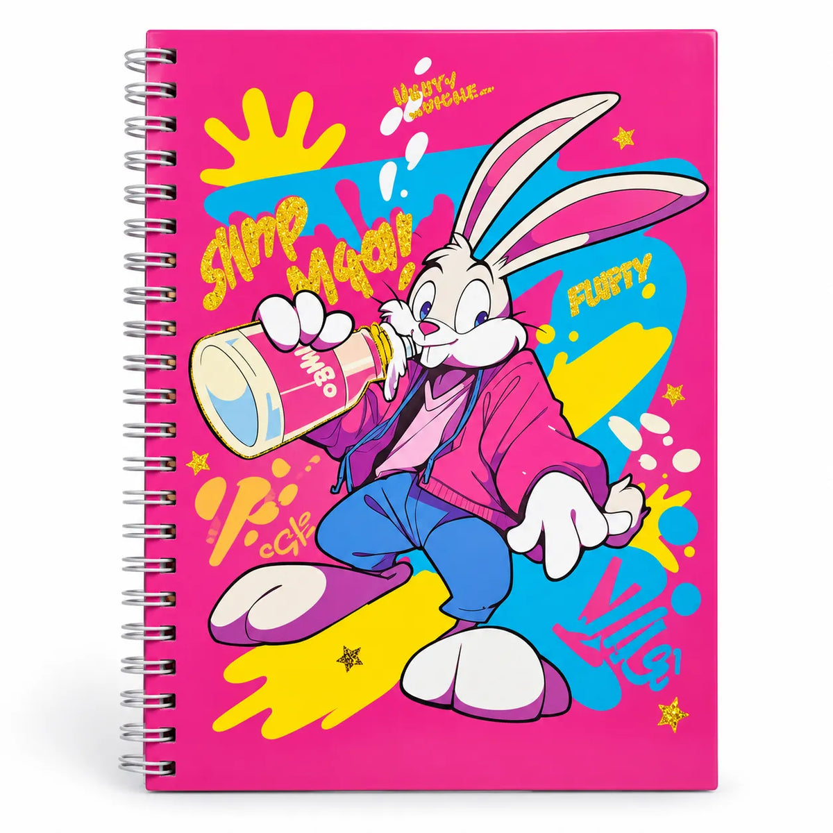 A spiral-bound notebook with a bright pink cover featuring a colorful cartoon rabbit character holding a drink, surrounded by bold graffiti-style text and paint splashes.
