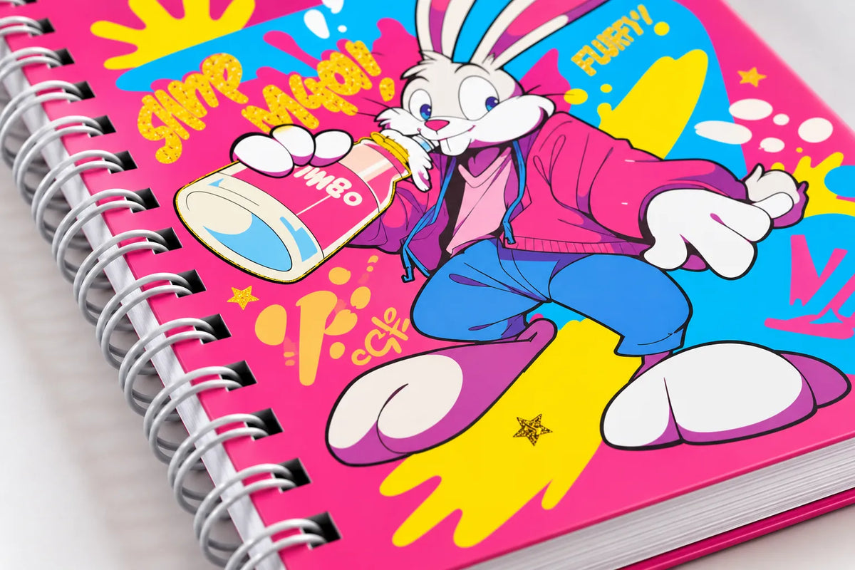 A close-up of a spiral-bound notebook featuring a colorful cartoon cover illustration of a rabbit character in a pink jacket and blue pants, holding a can labeled 'SMOKE', with bright pink, blue, yellow, and white artwork and bold text.