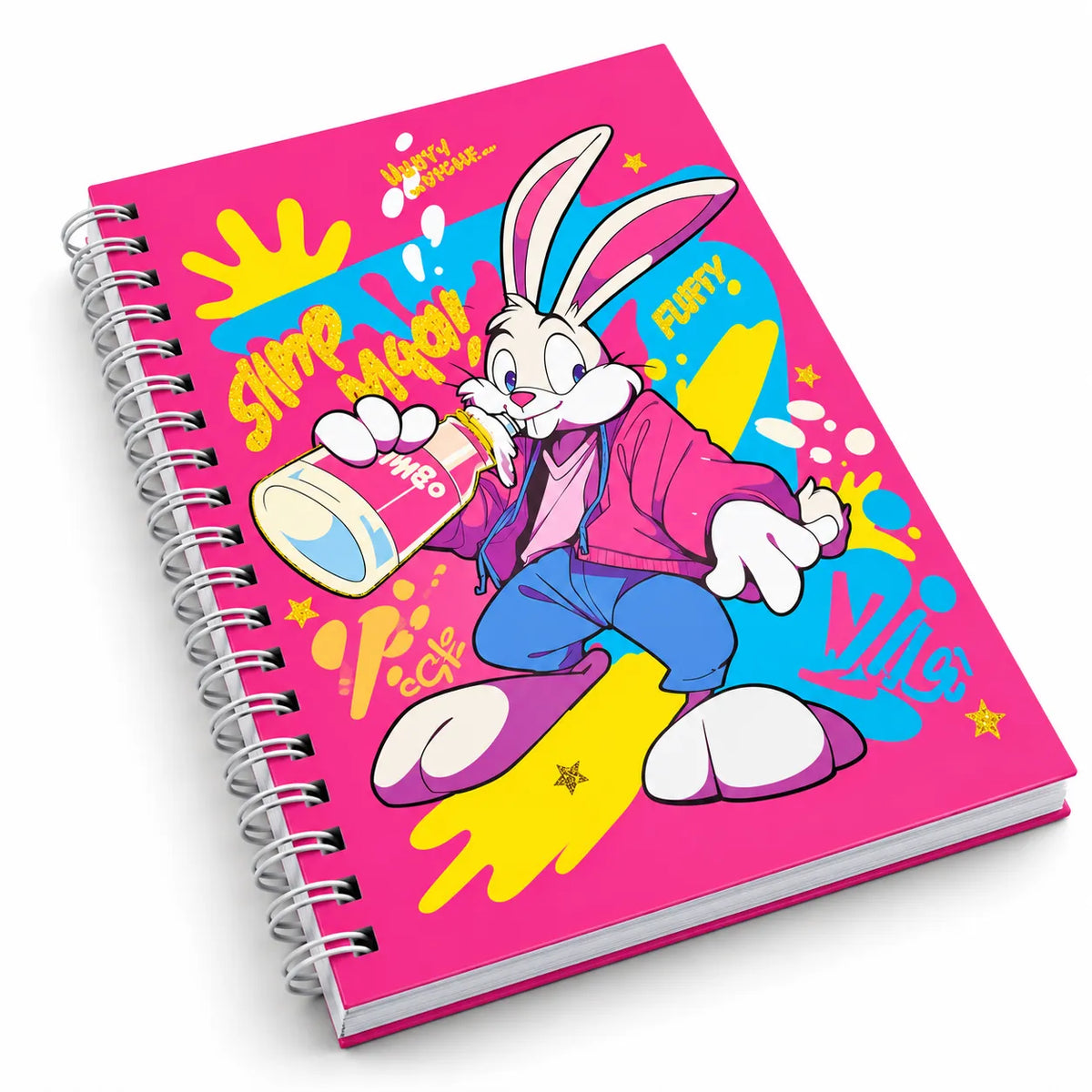 A spiral-bound notebook with a bright pink cover featuring a cartoon rabbit character in a pink jacket and blue pants, holding a bottle, with colorful abstract splashes and text on a white background.
