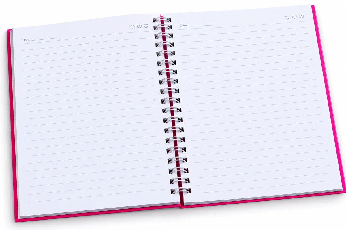 An open spiral-bound planner or notebook with lined pages, a bright pink cover, and a dark red spiral binding, shown on a white background.