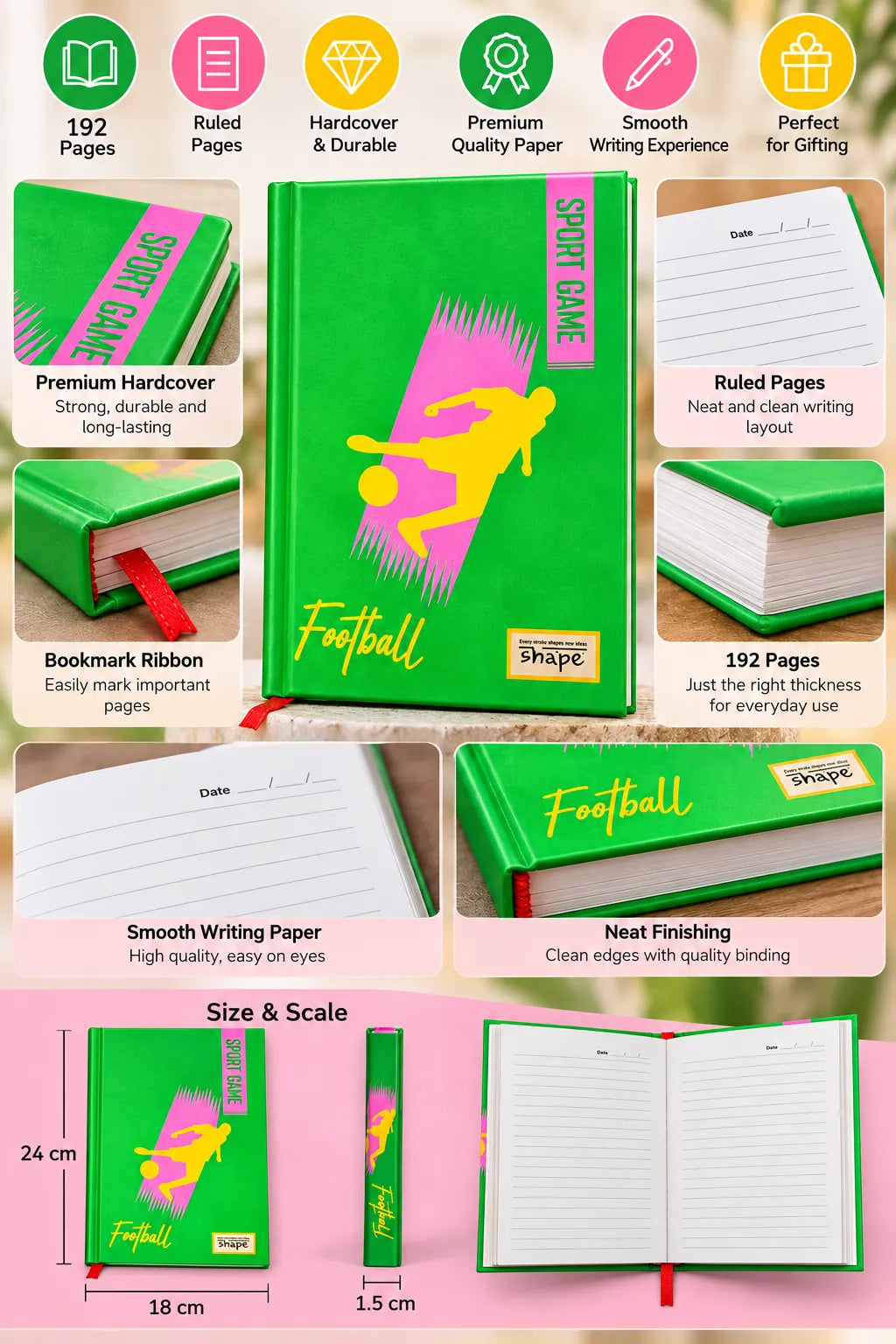 Football Sports Game Hardcover Ruled Notebook – Green | 192 Pages