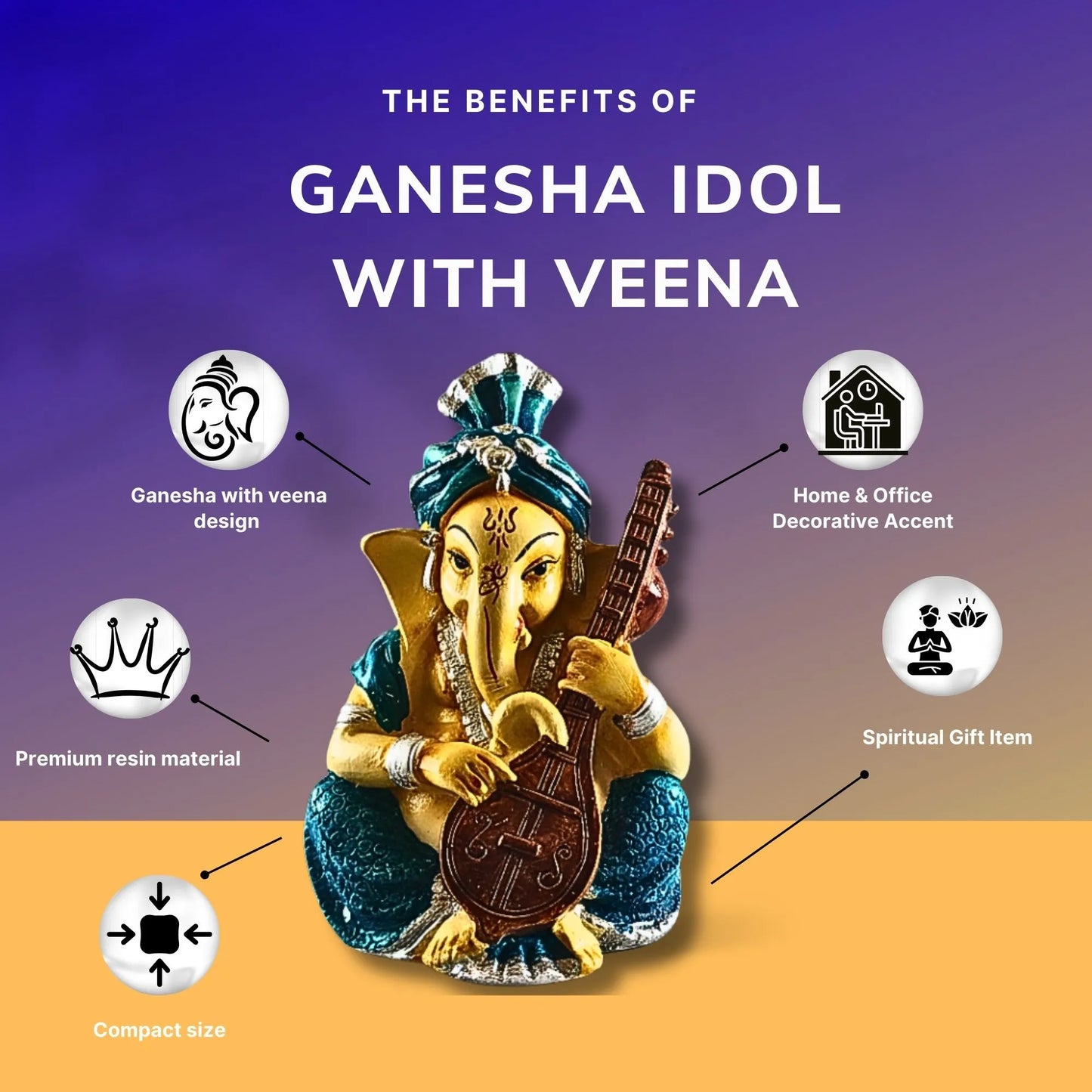 Musical Ganesha Idol Figurine Set | Golden Yellow with Turquoise and Pink, Playing Instruments, 12x8 cm, 2 Pieces