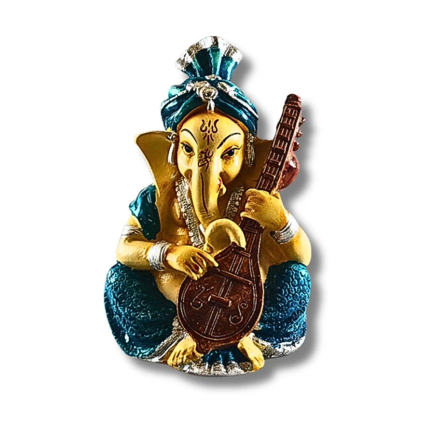 Musical Ganesha Idol Figurine Set | Golden Yellow with Turquoise and Pink, Playing Instruments, 12x8 cm, 2 Pieces