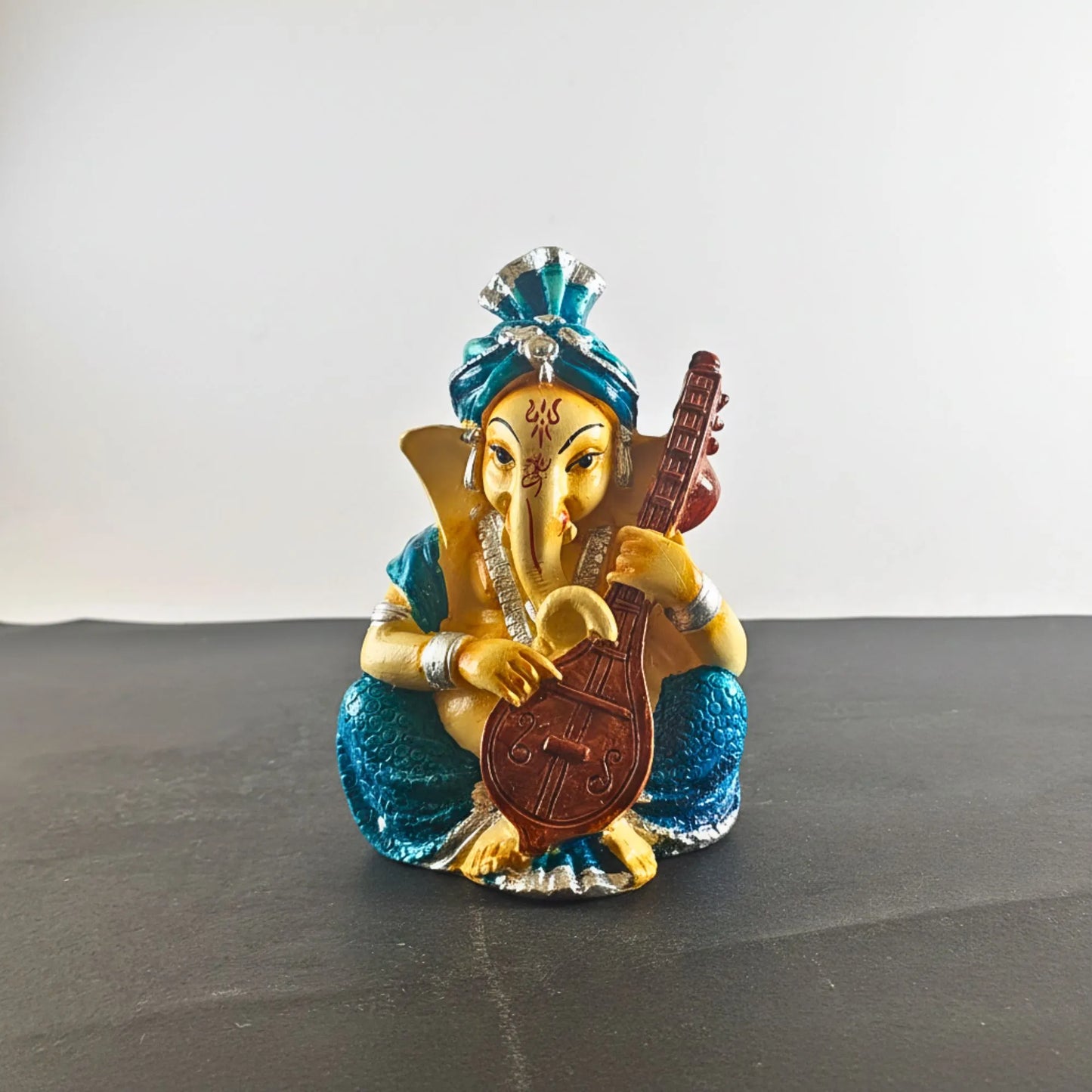 Musical Ganesha Idol Figurine Set | Golden Yellow with Turquoise and Pink, Playing Instruments, 12x8 cm, 2 Pieces