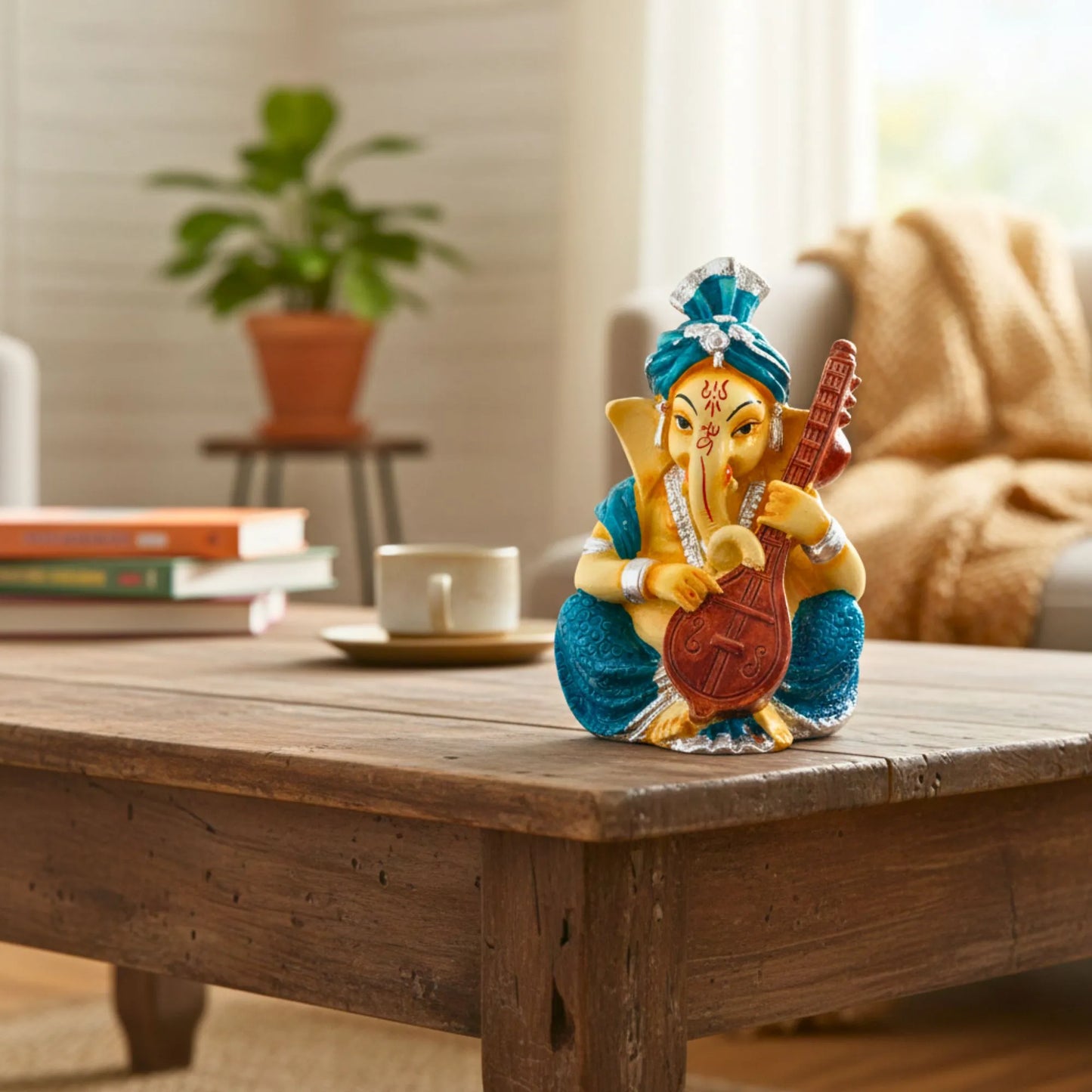 Musical Ganesha Idol Figurine Set | Golden Yellow with Turquoise and Pink, Playing Instruments, 12x8 cm, 2 Pieces
