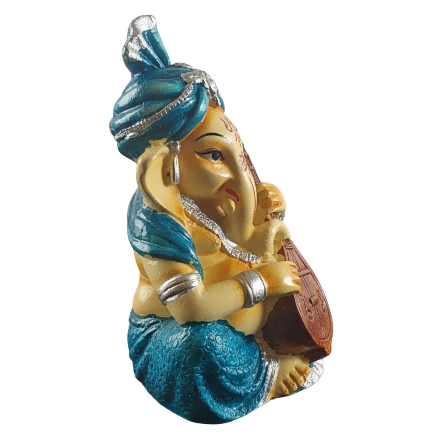 Musical Ganesha Idol Figurine Set | Golden Yellow with Turquoise and Pink, Playing Instruments, 12x8 cm, 2 Pieces