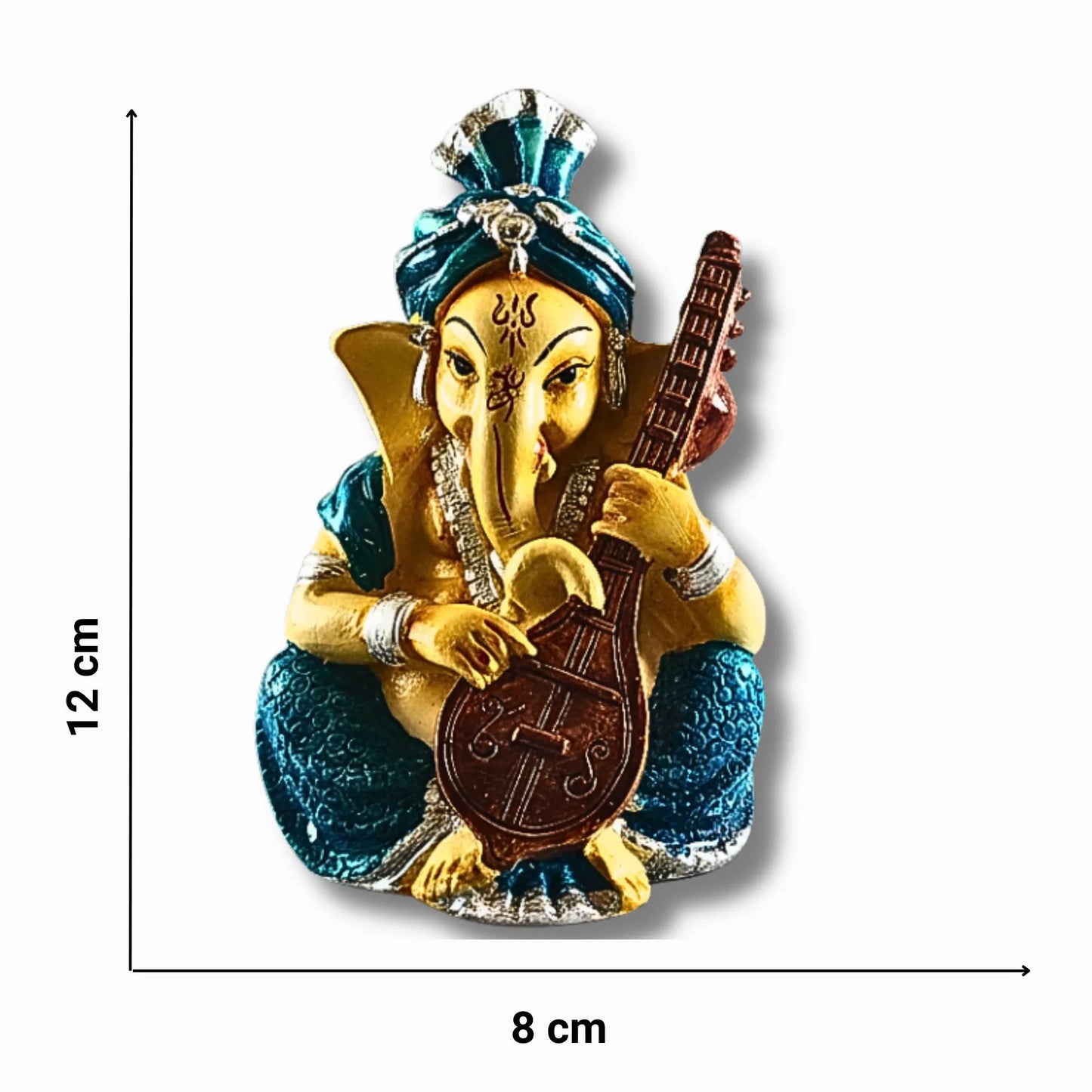 Musical Ganesha Idol Figurine Set | Golden Yellow with Turquoise and Pink, Playing Instruments, 12x8 cm, 2 Pieces