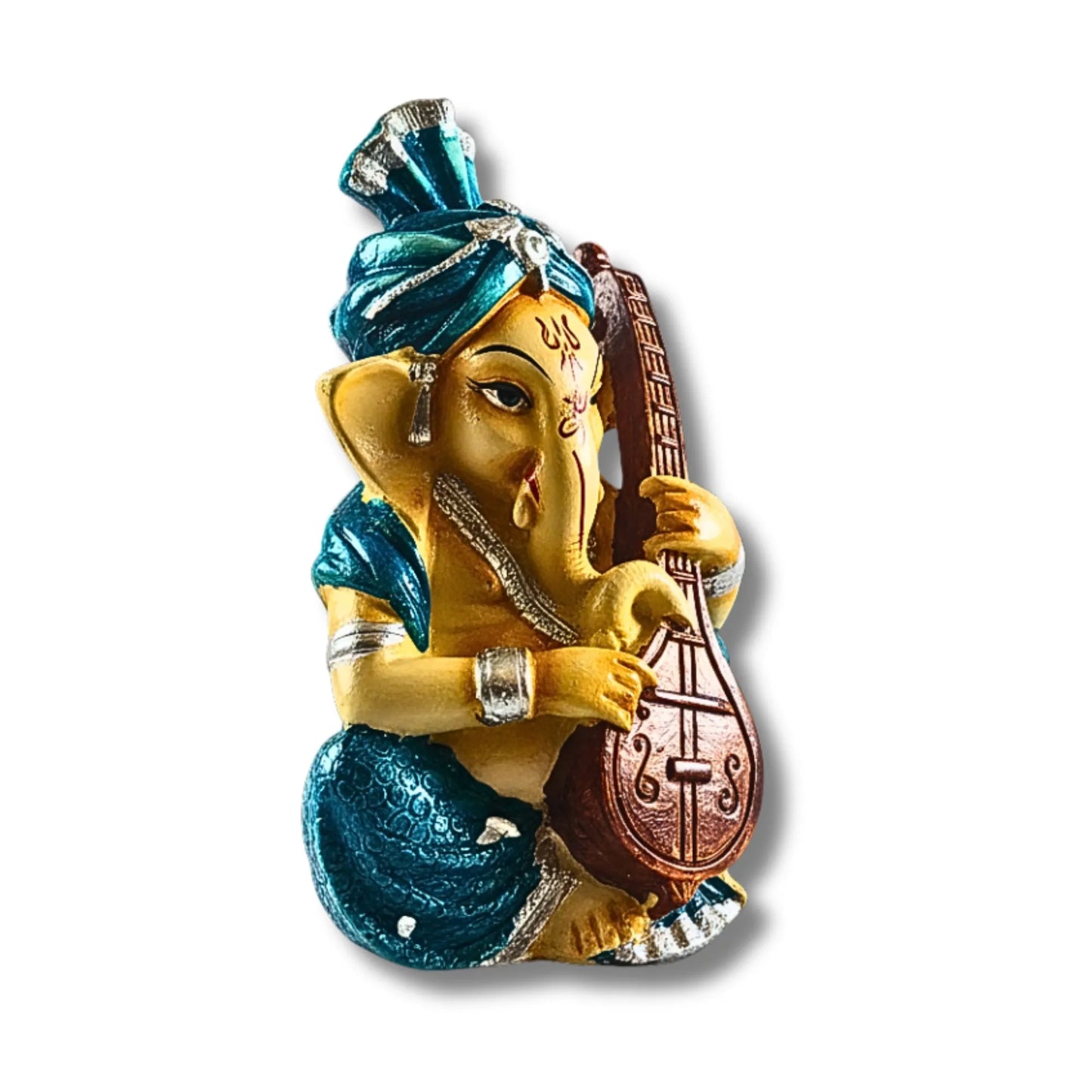 Musical Ganesha Idol Figurine Set | Golden Yellow with Turquoise and Pink, Playing Instruments, 12x8 cm, 2 Pieces