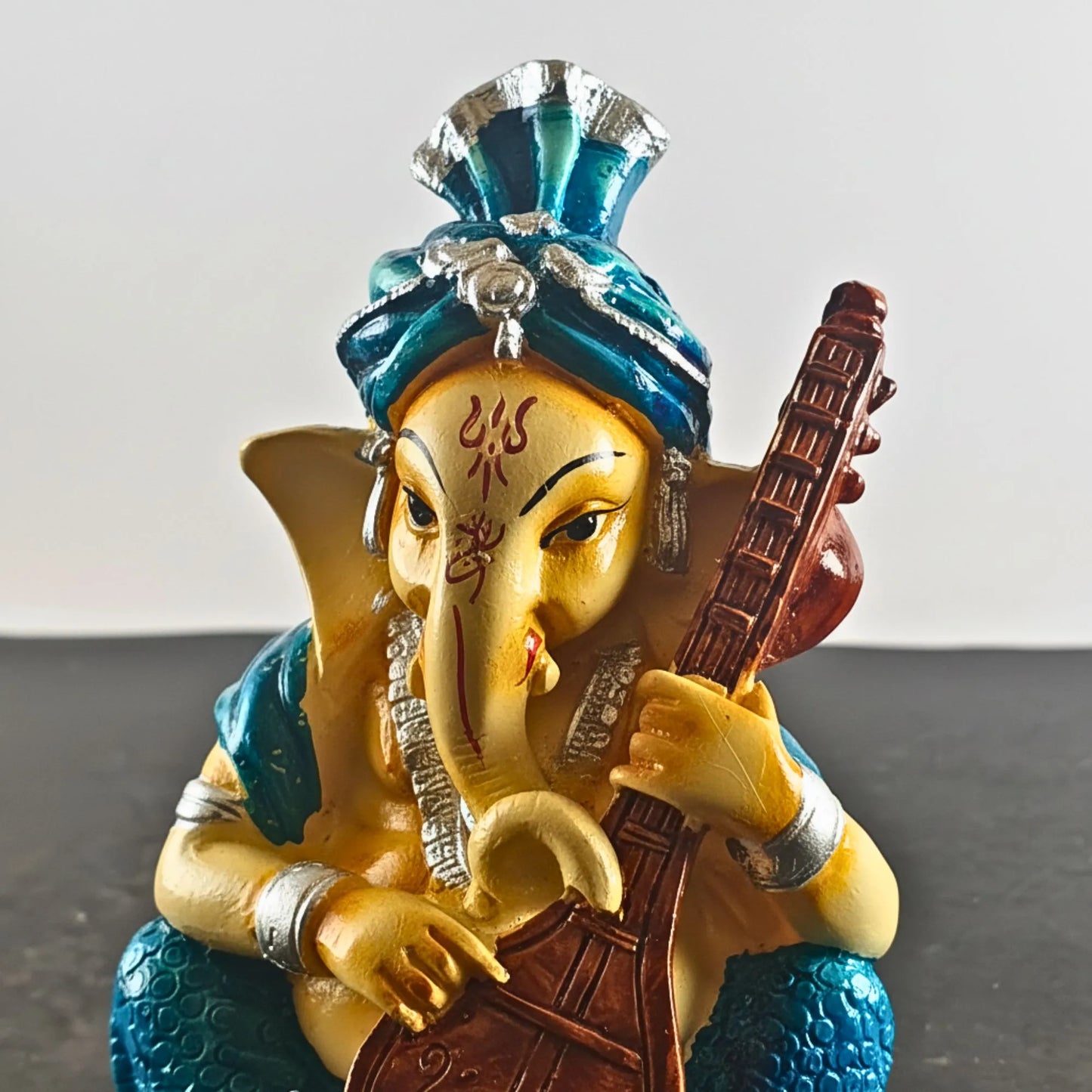 Musical Ganesha Idol Figurine Set | Golden Yellow with Turquoise and Pink, Playing Instruments, 12x8 cm, 2 Pieces