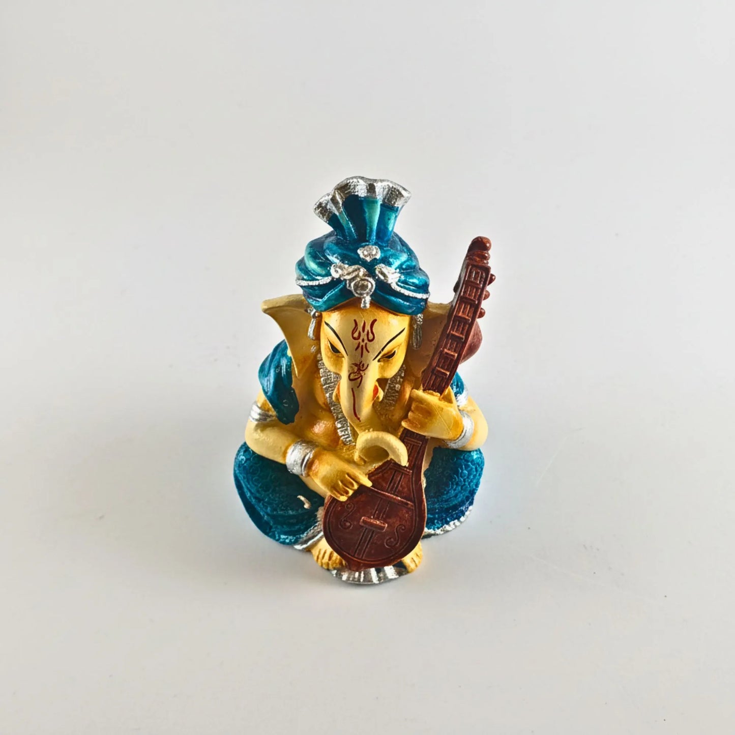 Musical Ganesha Idol Figurine Set | Golden Yellow with Turquoise and Pink, Playing Instruments, 12x8 cm, 2 Pieces
