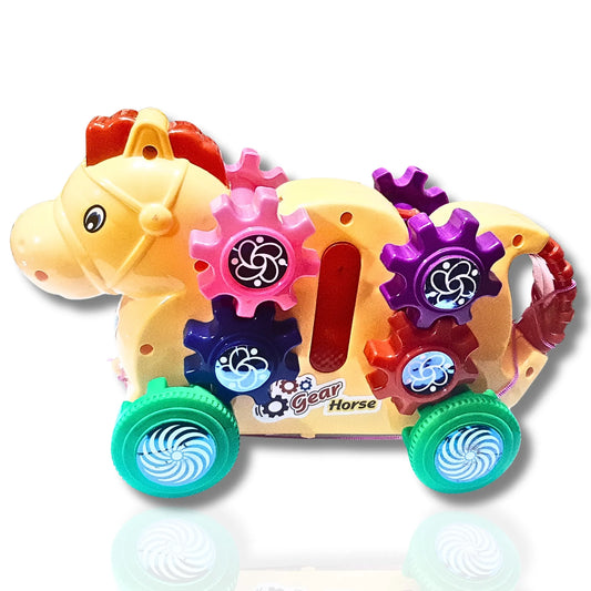 Colorful toy horse with gears on a white background