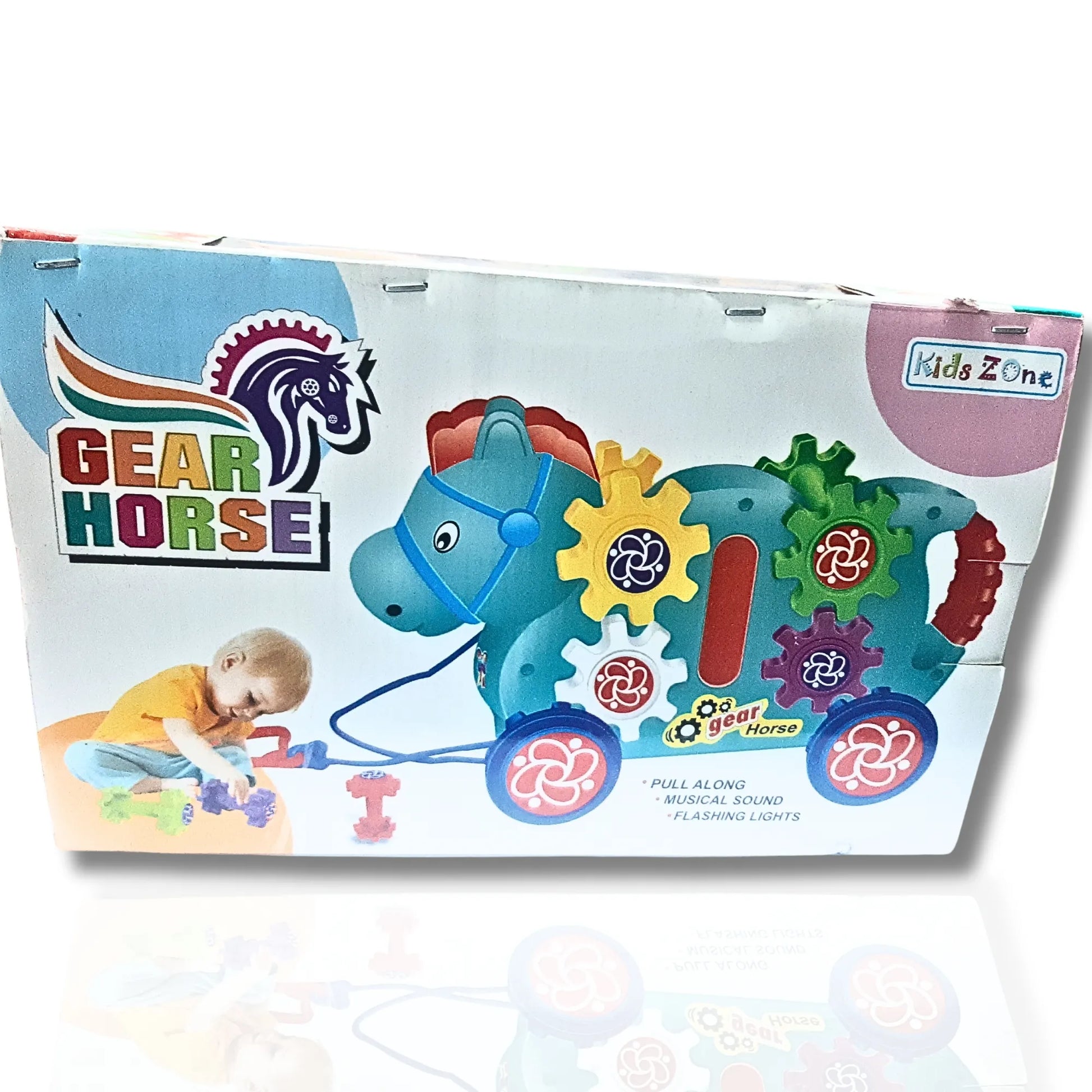 Box of a toy horse with gears and colorful design