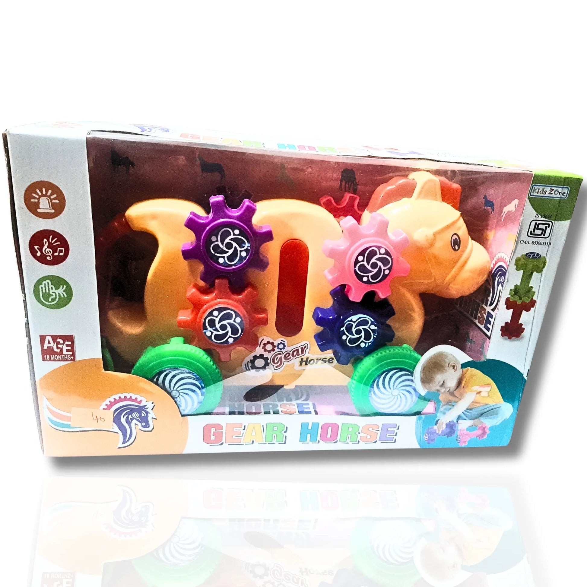 Toy horse with gears in a colorful box on a white background