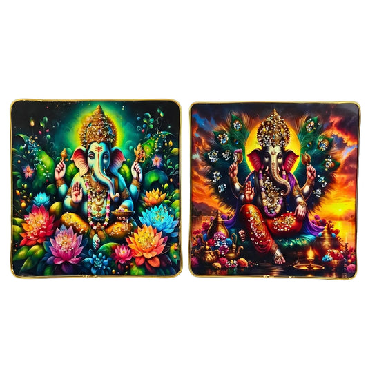 Set of 2 Lord Ganesha 3D Wall Art - Premium Spiritual Home Decor with Crystal & Glitter Work