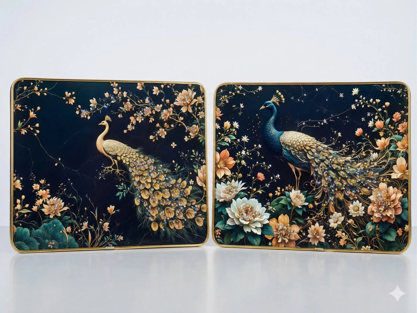 Peacock and Floral 3D Art Plaques | serene golden peacock