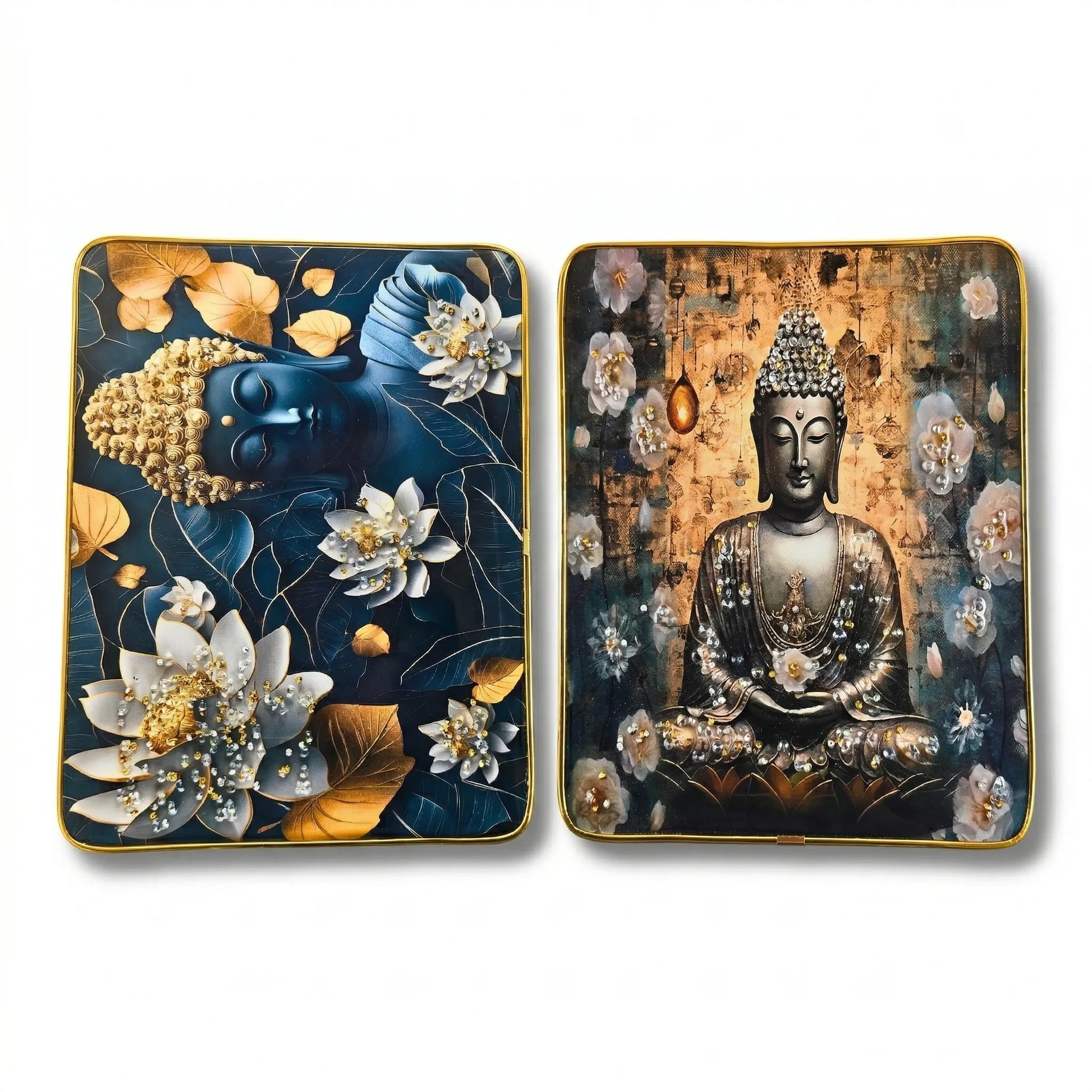 Two decorative plates featuring artistic depictions of Buddha and floral elements on a white background.