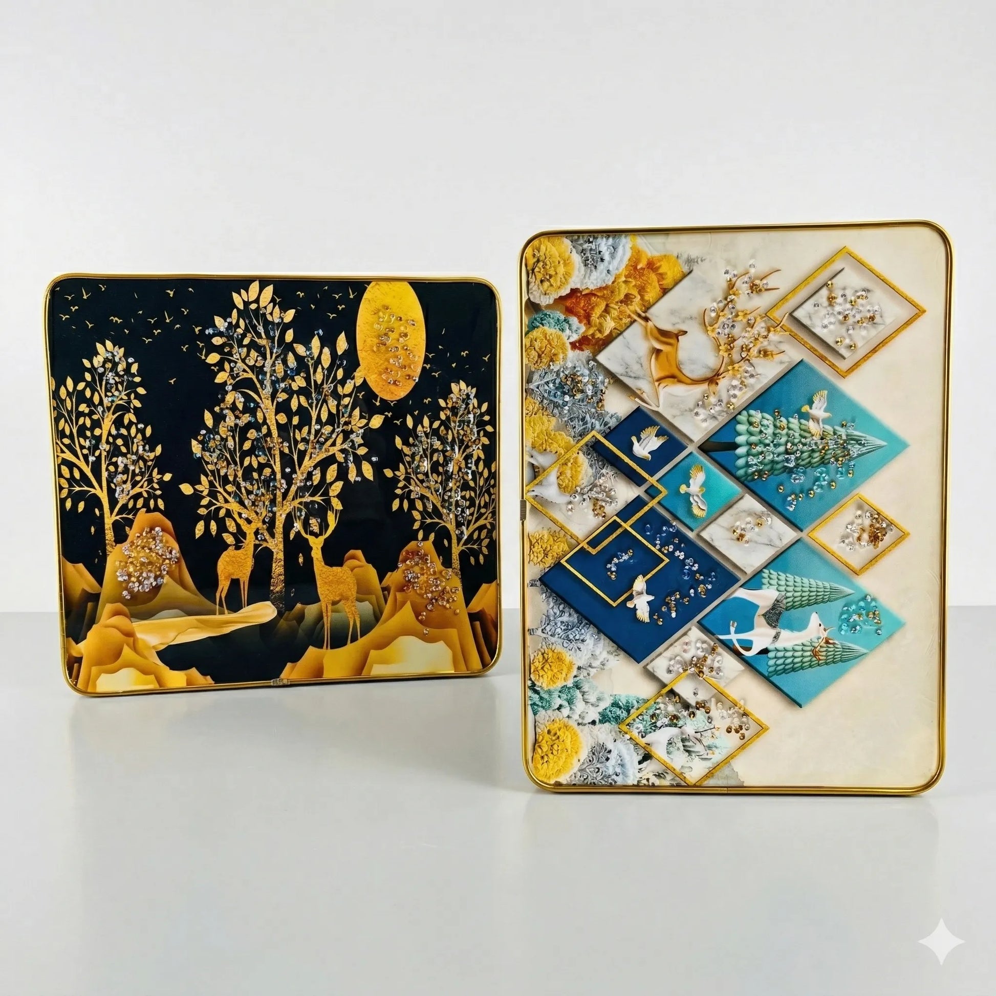 Two decorative boxes with intricate designs on a white background