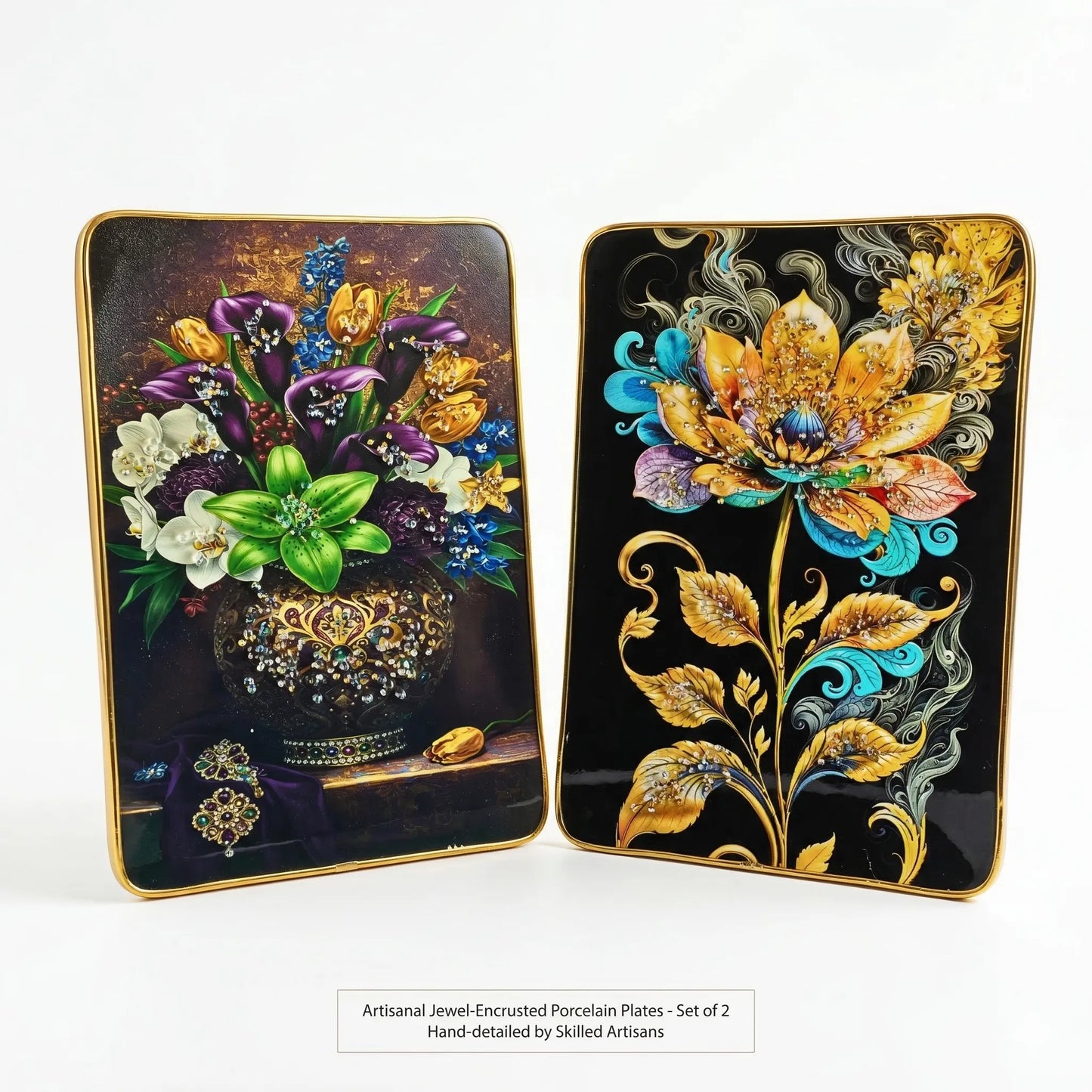 Artisanal Jewel-Encrusted Porcelain Plates (Set of 2) | premium decorative wall plaques