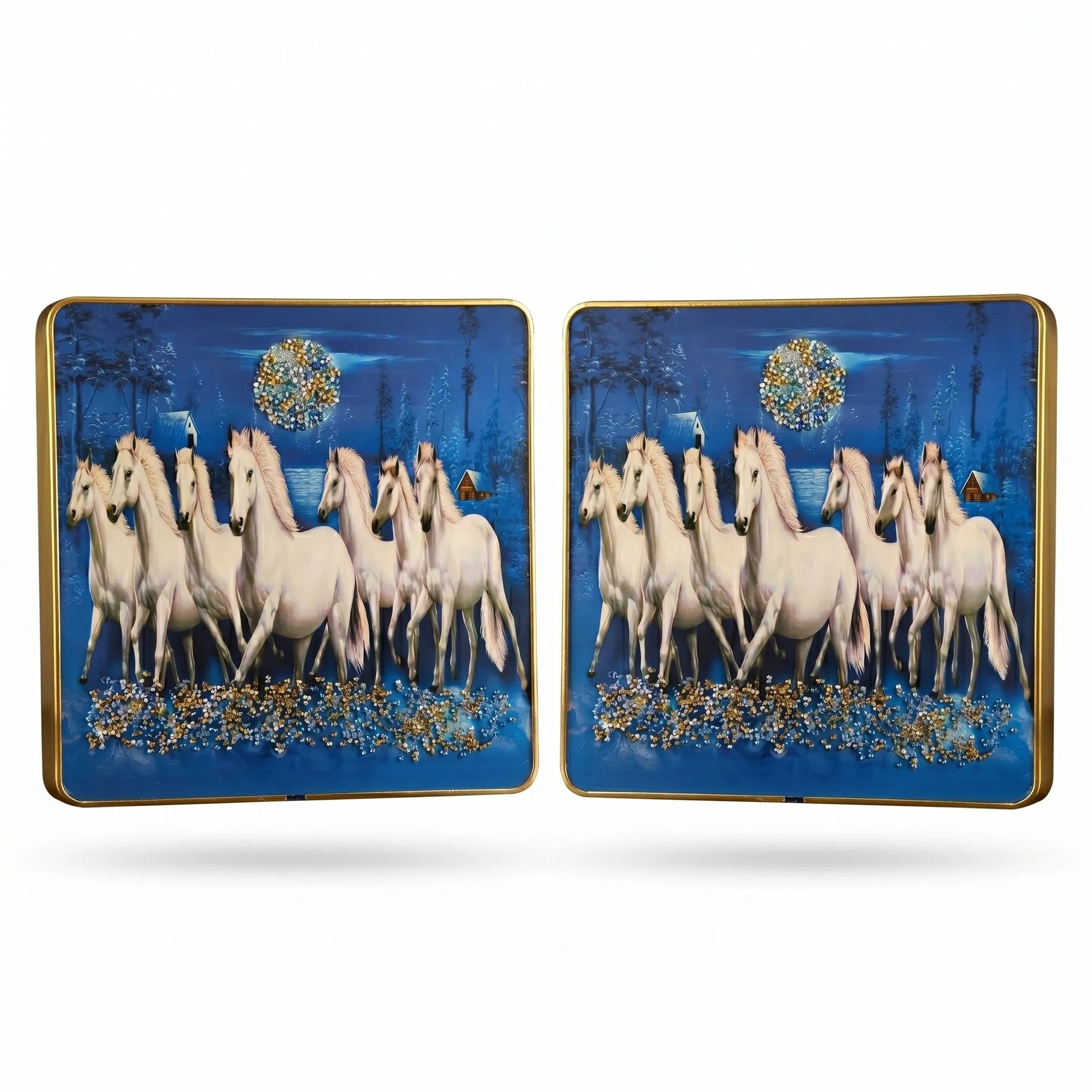Pair of decorative plates with a horse design on a blue background