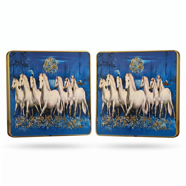 Set of 2 Running White Horses Wall Art - 3D Crystal & Glitter Work Scenery for Home Decor