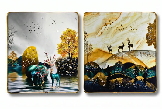 Set of 2 Abstract Golden Deer Wall Art - Premium 3D Crystal & Glitter Scenery for Modern Home Decor
