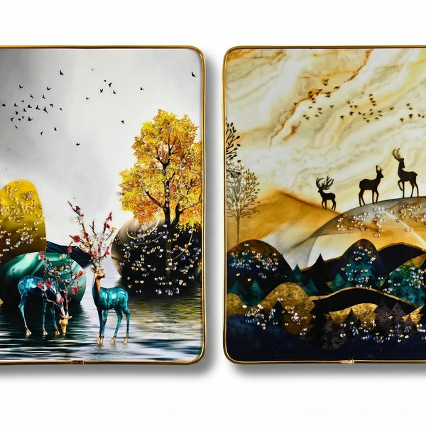 Set of 2 Abstract Golden Deer Wall Art - Premium 3D Crystal & Glitter Scenery for Modern Home Decor