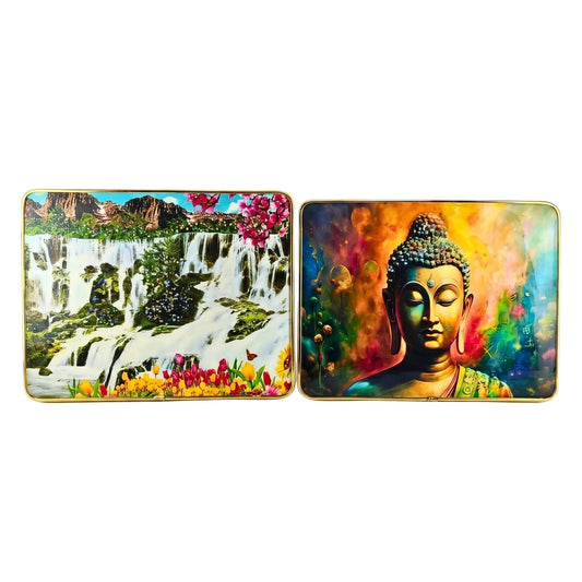 Saadhya Mart Spiritual Nature Series – 3D Textured Meditating Buddha & Waterfall Landscape with Luxury Golden Frame.