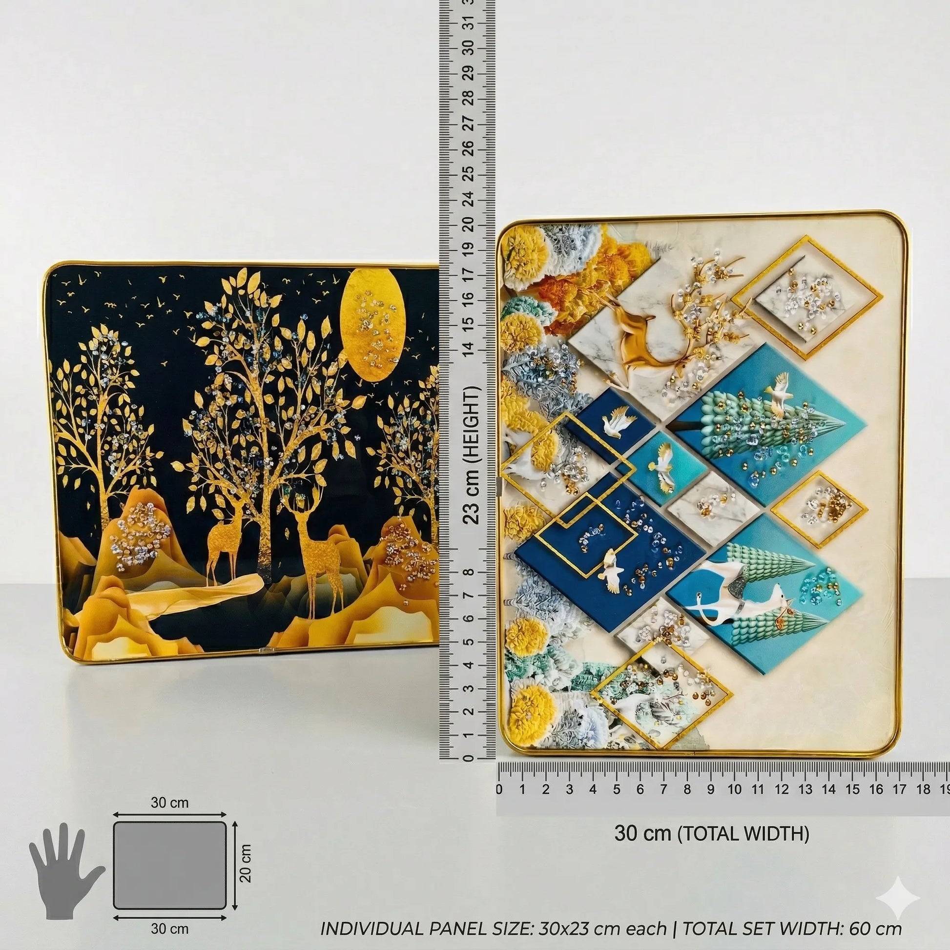Decorative panels with artistic designs and a ruler for scale on a white background