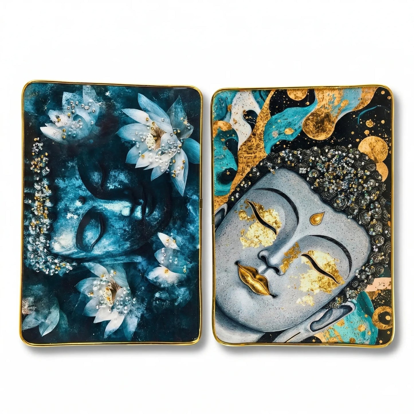 Two decorative face masks with floral and abstract designs on a white background