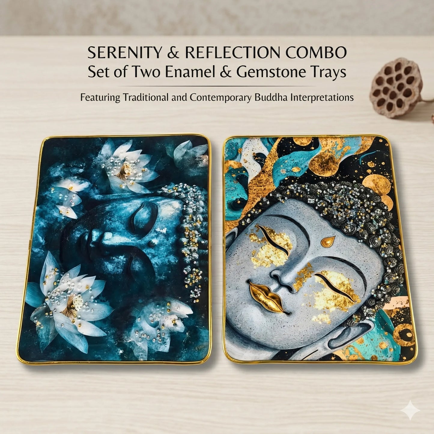 Set of two enamel and gemstone trays with Buddha interpretations on a beige background