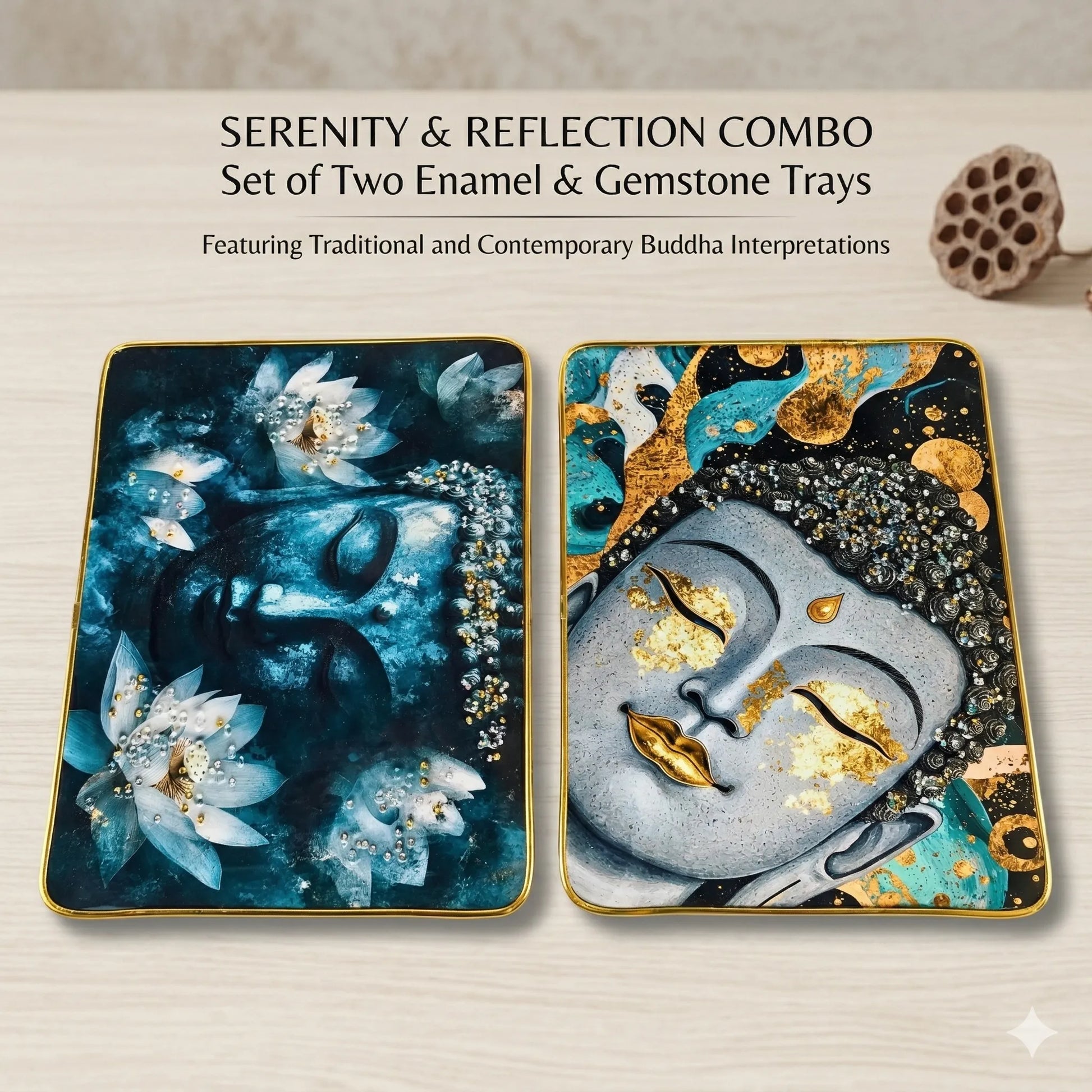 Set of two enamel and gemstone trays with Buddha interpretations on a beige background