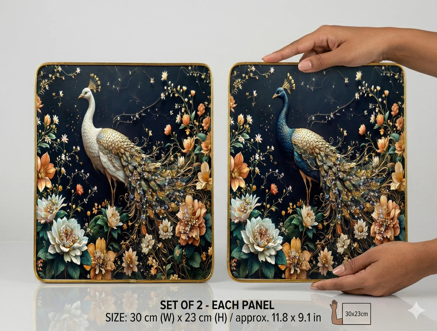 Peacock and Floral 3D Art Plaques | serene golden peacock
