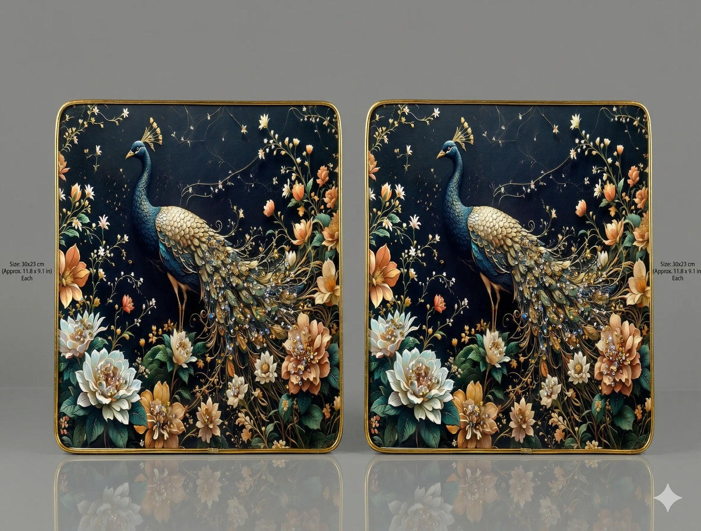 Peacock and Floral 3D Art Plaques | serene golden peacock