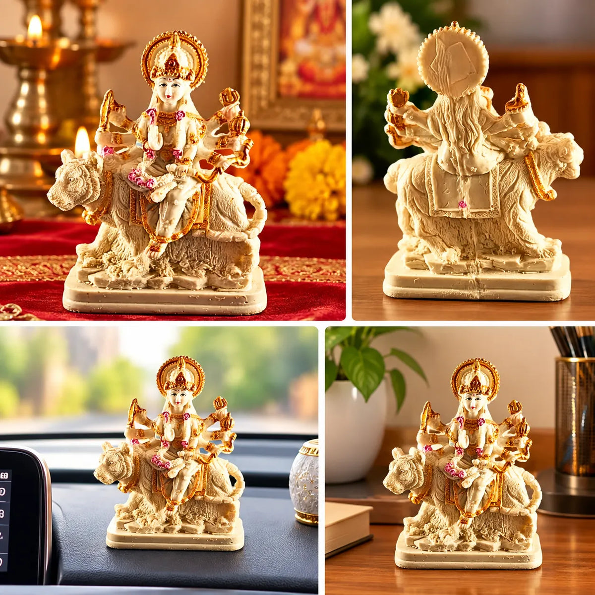A collage of four photos showing a small deity figurine mounted on a lion, displayed in different settings: on a shelf with candles, on a table with flowers, in a car dashboard, and on a wooden desk with a plant. The figurine is cream-colored with gold and pink accents.