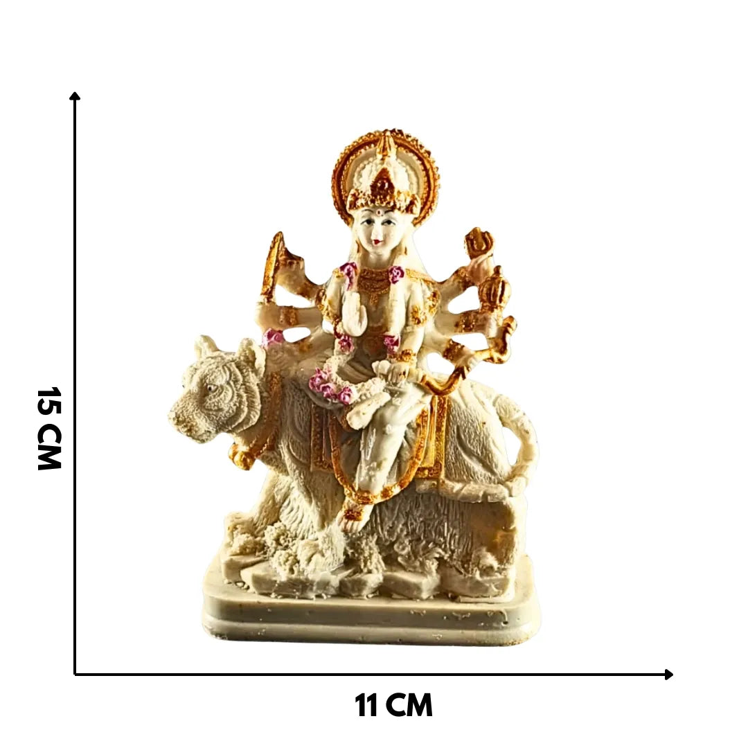 A small religious statue of a multi-armed deity riding a horse, shown on a white background with dimension markers indicating 15 cm height and 11 cm width.