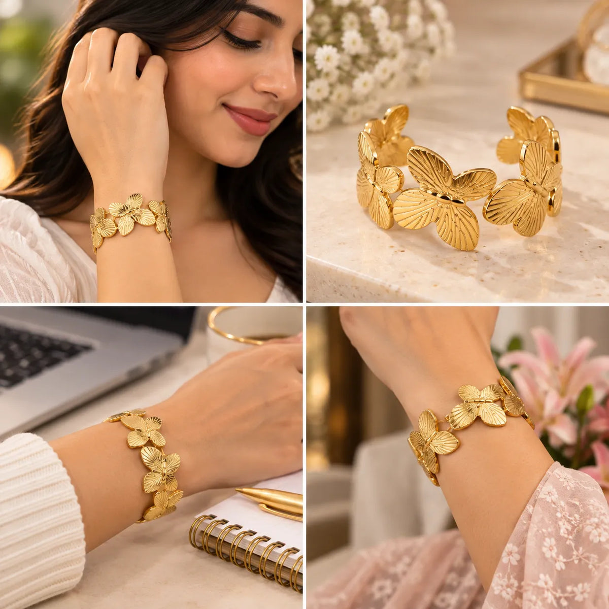 Saadhya Artis Gold-Tone Floral Butterfly Cuff Bracelet for Women – 6 cm Diameter