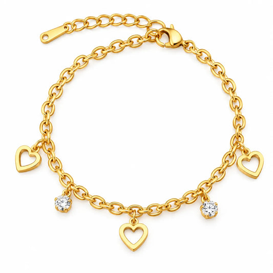 Saadhya Artis Gold-Tone Heart Charm Bracelet for Women – Crystal Heart Link Fashion Bracelet