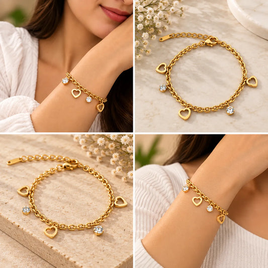 Saadhya Artis Gold-Tone Heart Charm Bracelet for Women – Crystal Heart Link Fashion Bracelet