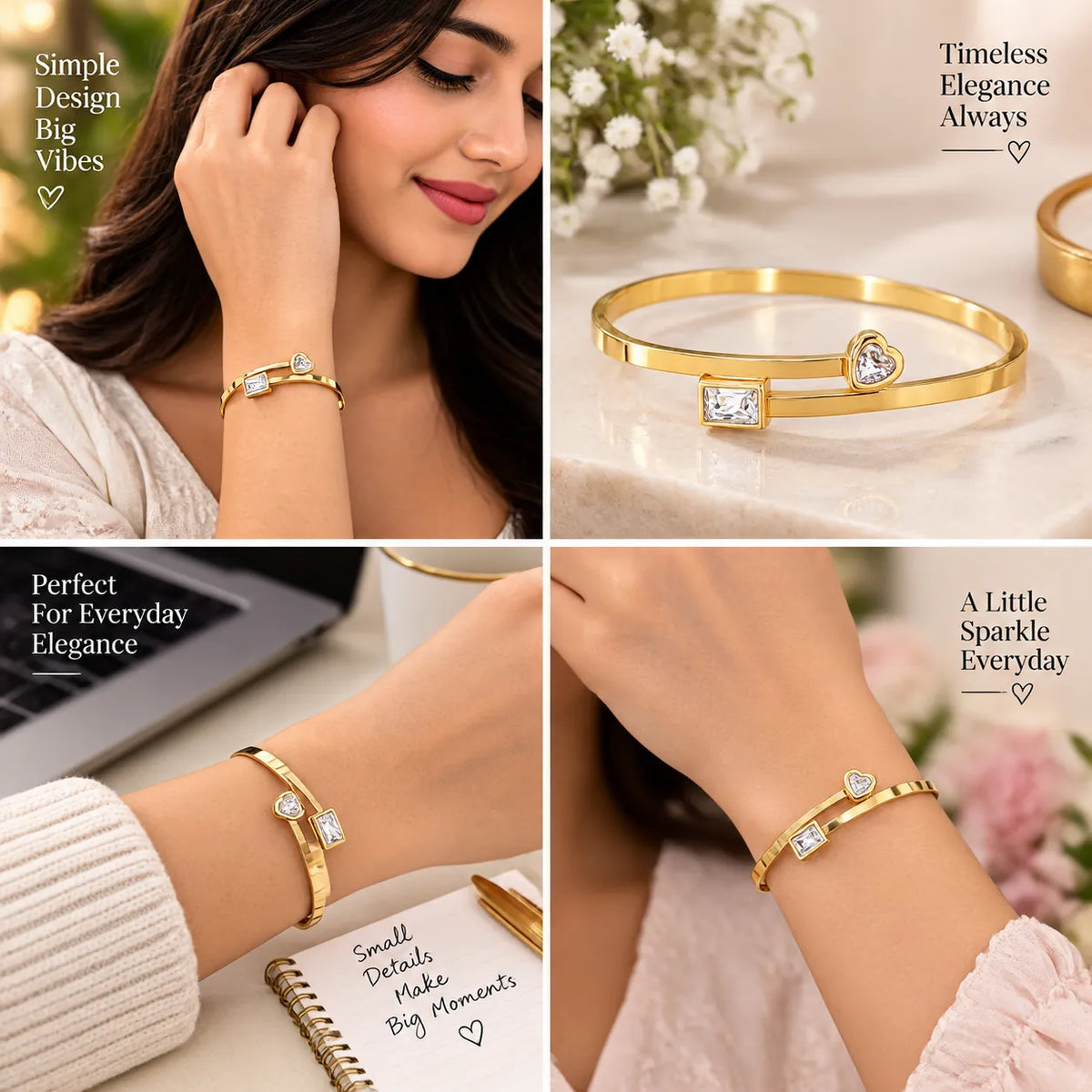 Saadhya Artis Gold-Tone Heart & Square Crystal Open Cuff Bracelet for Women