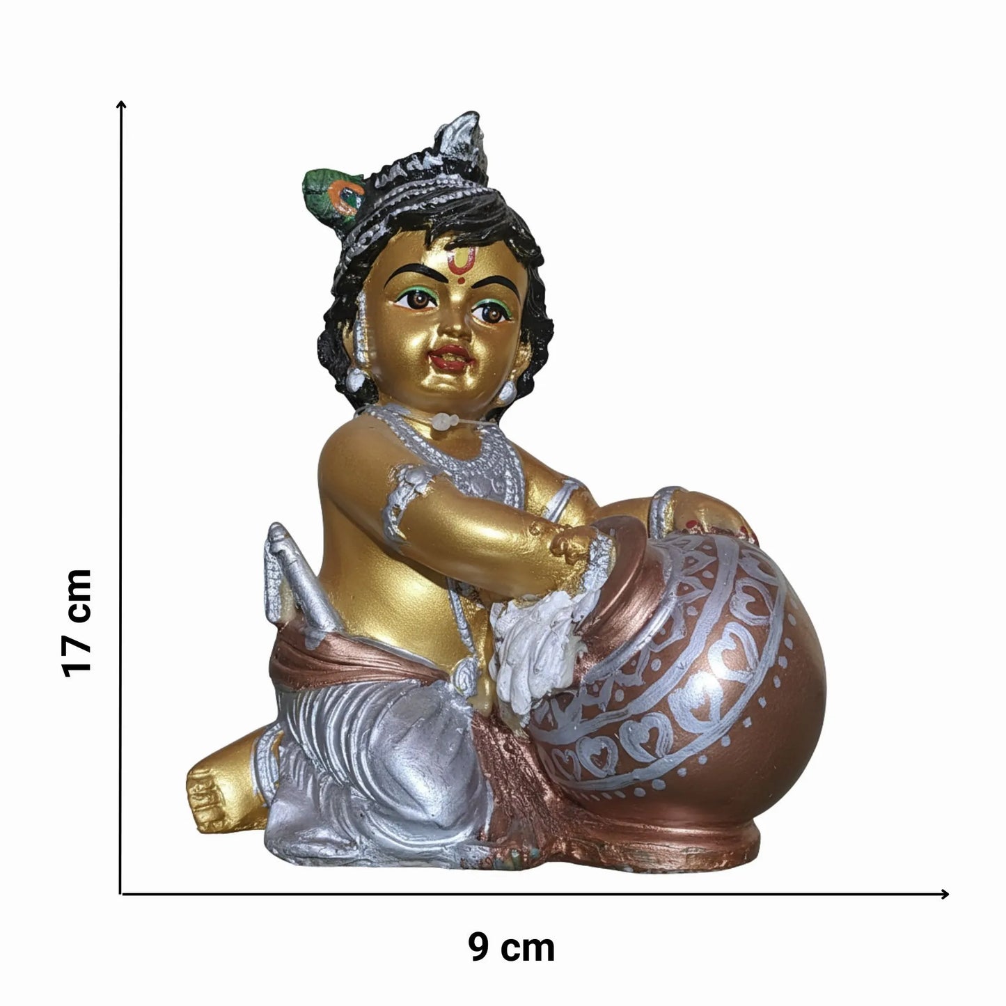Decorative statue of a child holding a pot with measurements on a white background