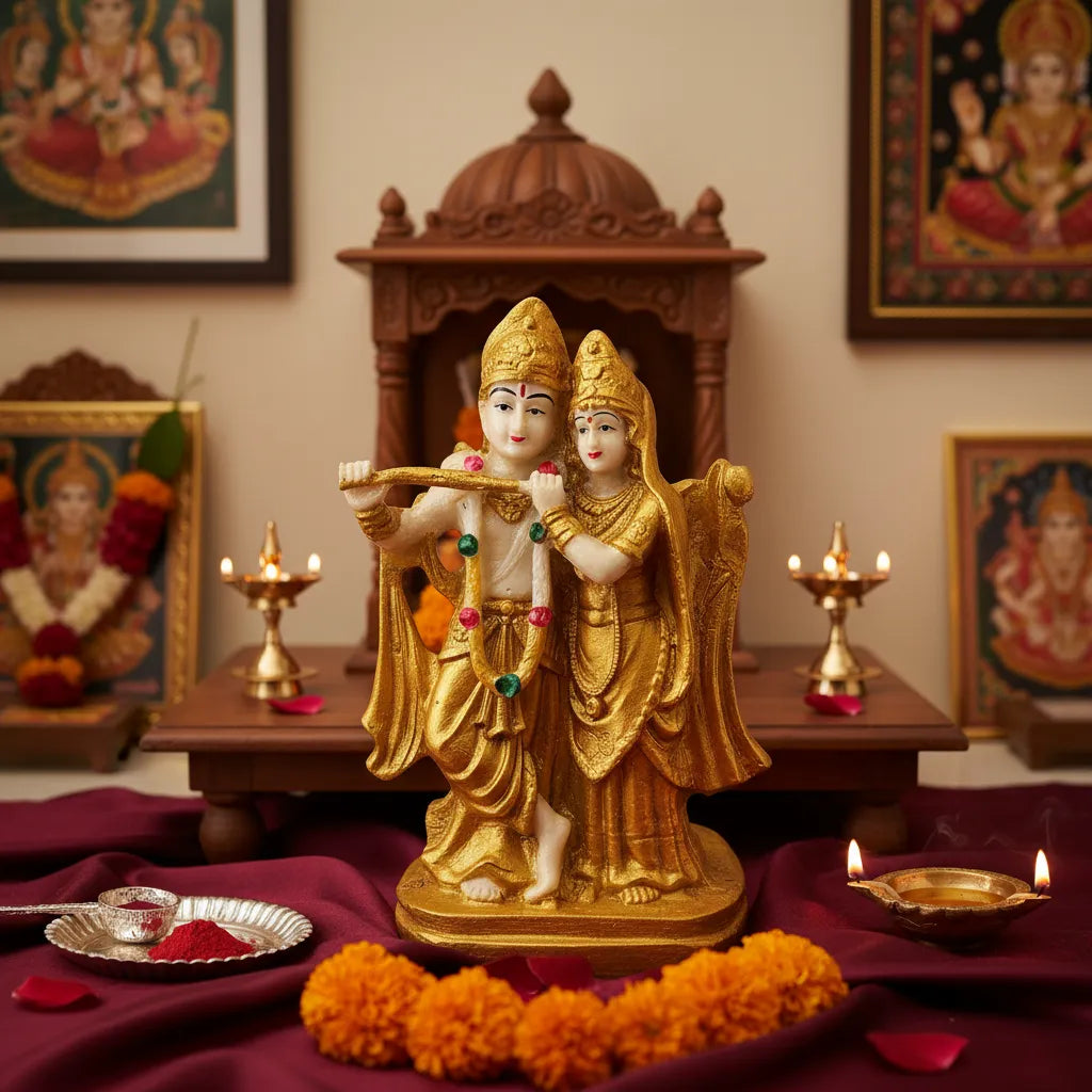 Golden Radha Krishan Vihar Idol – Polyresin Decorative Murti | Saadhya Decors