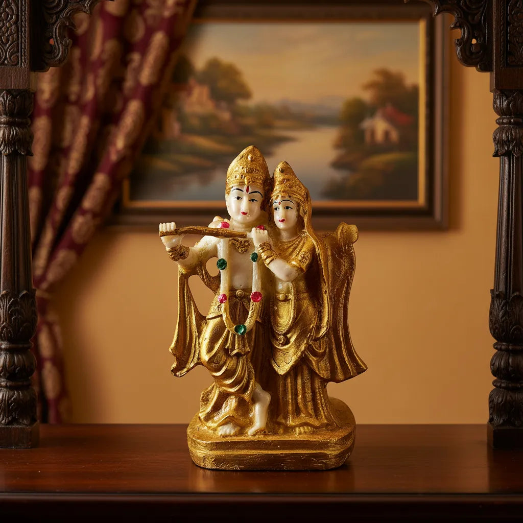 Golden Radha Krishan Vihar Idol – Polyresin Decorative Murti | Saadhya Decors