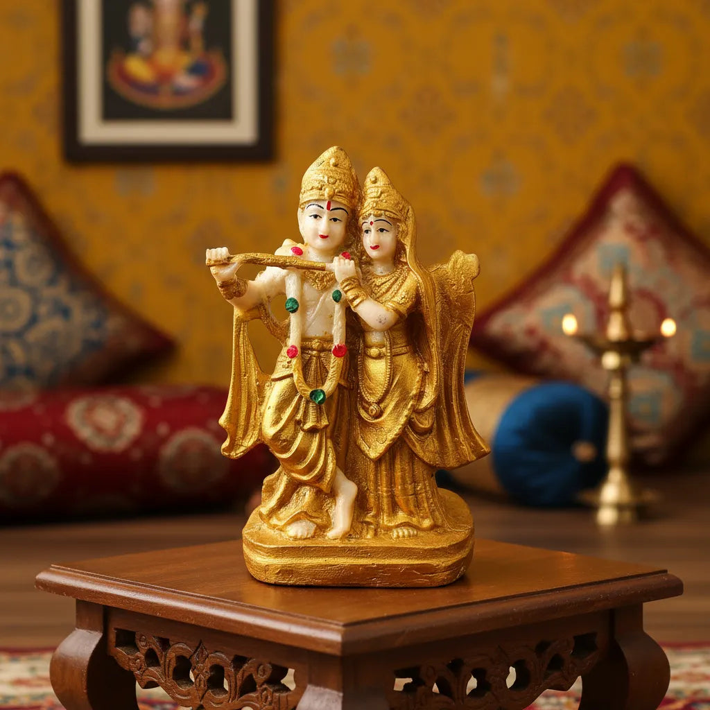 Golden Radha Krishan Vihar Idol – Polyresin Decorative Murti | Saadhya Decors