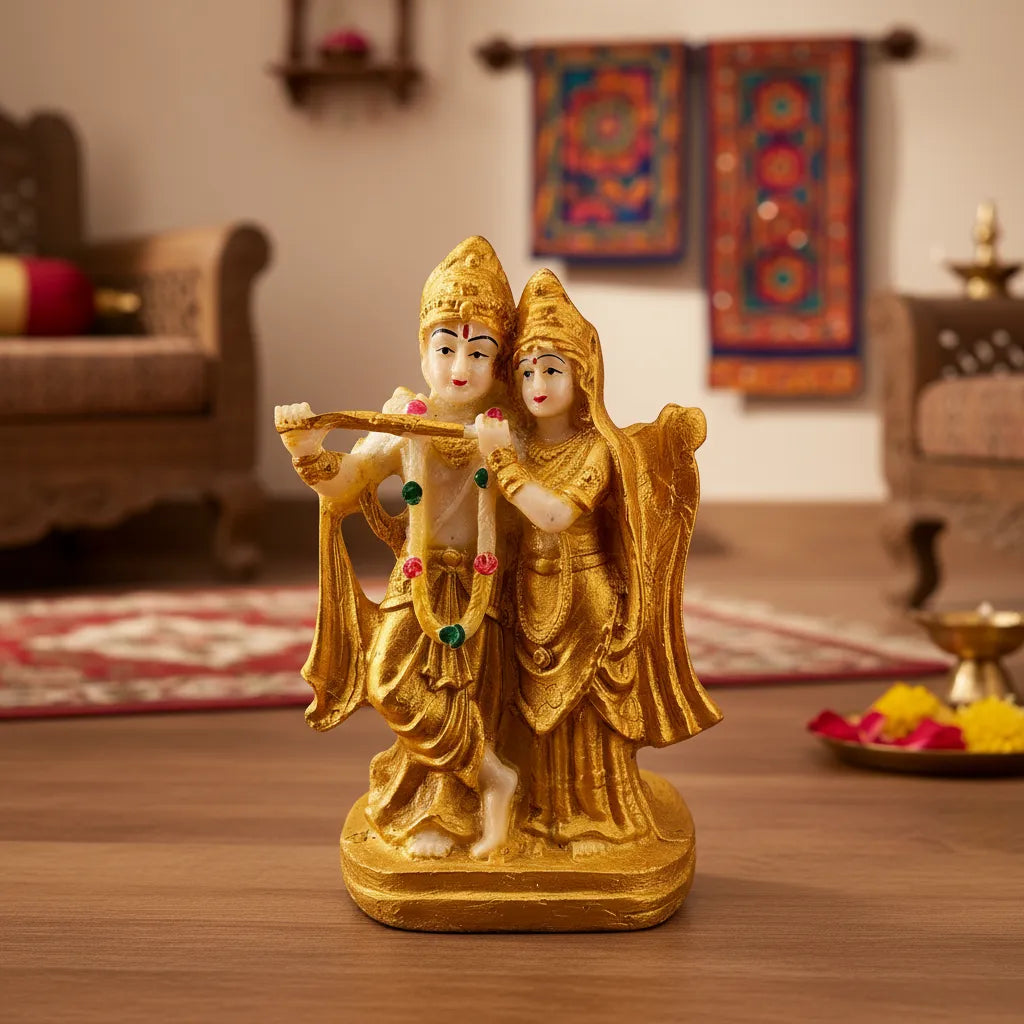 Golden Radha Krishan Vihar Idol – Polyresin Decorative Murti | Saadhya Decors