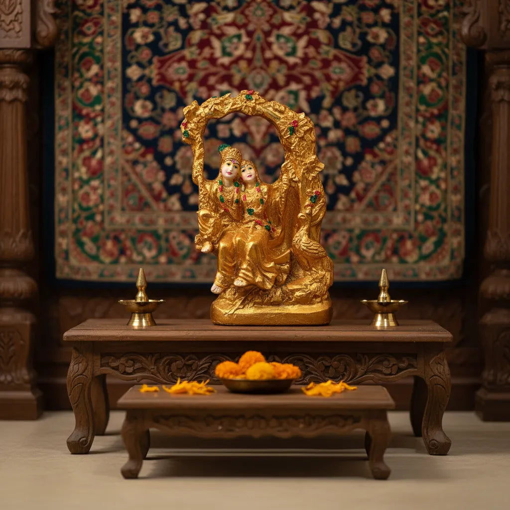 Golden Radha Krishna on Jhula Idol – Saadhya Decors